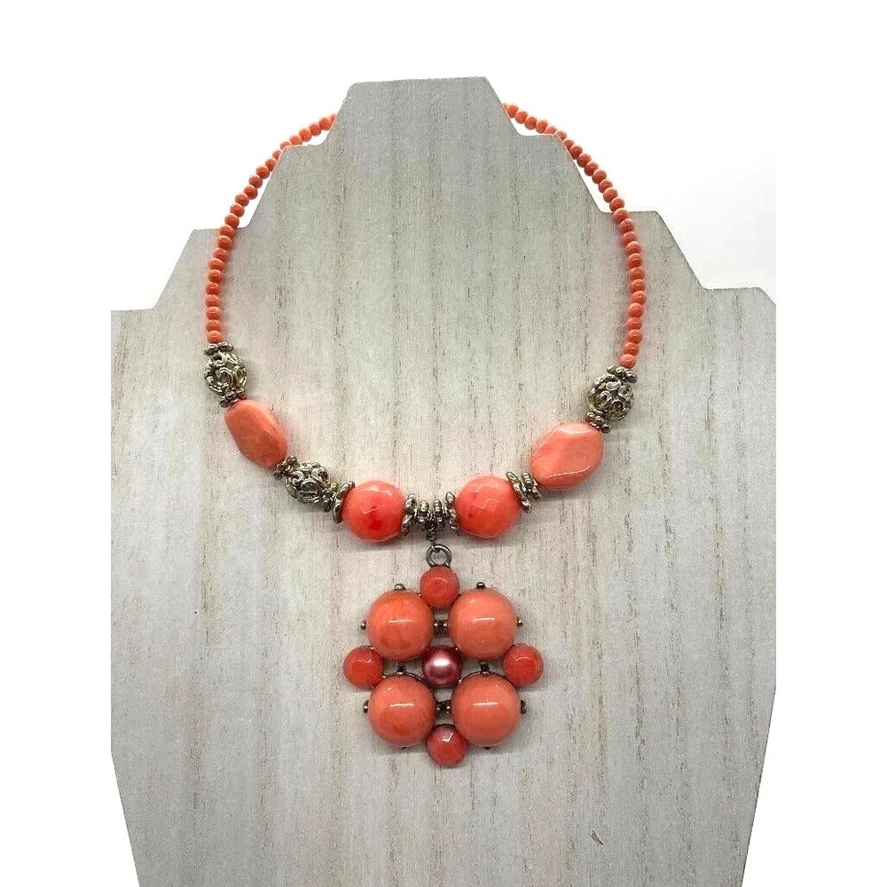 Coral Orange Beaded Statement Necklace Womens Silver Tone Filigree Pendant